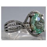 Sterling Silver Ocean Green Spinel And Diamond Ring, Marked "GHJ", 925 Silver, Size 8 