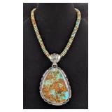 Large Kingman Turquoise and Sterling Silver Statement Pendant On 10mm Kingman Turquoise Heishi Disc 