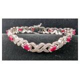 5ct Ruby And Diamond Accent Bracelet, Likely Sterling Silver, 8" 
