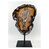 Brazilian Banded Agate Slice On Metal Display Stand, 12.75" Tall 