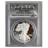 2019-W 1oz. ANACS - PR70 DCAM $1 Silver Eagle Coin, #225 Of 2,796, First Day Of Issue, In Wood Displ
