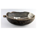 Rare Mid-20th Century Hand-Carved Tutsi Wooden Bowl with Tin Repairs, 12" x 7.5" 