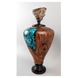 Handmade Polished Cherry Burl Wood Urn With Blue Opal Inlay And Smoky Quartz Crystal Top, 10.5" Tall
