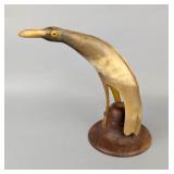 Carved Horn Bird Statue On Wood Stand, 6.5" Tall 