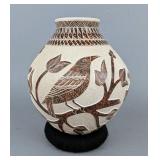 Engraved Bird And Tree Mata Ortiz Style Pottery Vase, Artist Signed "Lupita Quezada", 5.25" Tall x 4