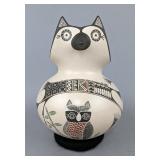 Engraved Owl Pottery Vase With Owl Face, Artist Signed "Angela Corona", 6.25" Tall x 5" Wide