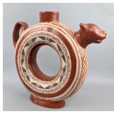 olychrome Animal Head Ring Shaped Pottery Pitcher, Artist Signed, 10.75" Tall x 11.5" Wide 