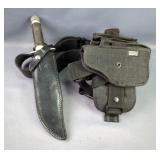 UTG Leg Holster On Web Belt, And Survival Fixed Blade Knife In Leather Sheath  UTG Leg Holster On Web Belt, And Survival Fixed Blade Knife In Leather Sheath