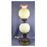 Double Globe Uranium Glass Parlor Lamp With Floral Design