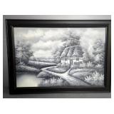 Framed Black and White Cottage Landscape Painting Signed Taylor