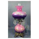 Hand Painted Hurricane Lamp With Crystal Prisms