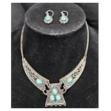 Sterling Silver and Turquoise Necklace and Earring Set  Sterling Silver and Turquoise Necklace and Earring Set