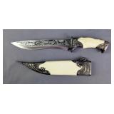 Fixed Blade Hunting Knife With Embossed Wolf Scene And High Relief Handle, 9.5" Blade, In Relief Sca Fixed Blade Hunting Knife With Embossed Wolf Scene And High Relief Handle, 9.5" Blade, In Relief Sca