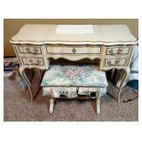 Vanity Table with Mirror and Upholstered Floral Stool  Vanity Table with Mirror and Upholstered Floral Stool