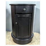 Black Wooden Round End Table With Drawer and Door  Black Wooden Round End Table With Drawer and Door