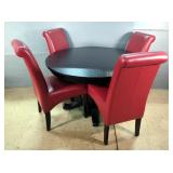 Grandin Road Round Black Dining Table with Four Red Upholstered Chairs Grandin Road Round Black Dining Table with Four Red Upholstered Chairs