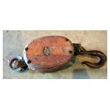 Antique Wooden Block and Tackle Pulley with Hook  Antique Wooden Block and Tackle Pulley with Hook