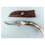 Damascus Steel Fixed Blade Knife With Bone Handle, Includes Leather Sheath, 8.5"  Damascus Steel Fixed Blade Knife With Bone Handle, Includes Leather Sheath, 8.5"