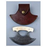 Damascus Steel Ulu Knife With Bone Handle, Includes Leather Sheath, 5.5"  Damascus Steel Ulu Knife With Bone Handle, Includes Leather Sheath, 5.5"