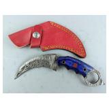 Damascus Steel Fixed Blade Karambit Knife With Blue Pakkawood Handle, Includes Leather Sheath, 7.5"  Damascus Steel Fixed Blade Karambit Knife With Blue Pakkawood Handle, Includes Leather Sheath, 7.5"