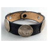 Engraved Leather Domed Button Buffalo Nickel Bracelet, 5 Nickels, 8.5"  Engraved Leather Domed Button Buffalo Nickel Bracelet, 5 Nickels, 8.5"