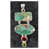 Sterling Silver, Chrysocolla Cabochon, And Peridot And Garnet Gemstone Pendant In Floating Display C Sterling Silver, Chrysocolla Cabochon, And Peridot And Garnet Gemstone Pendant In Floating Display C