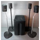 Infinity Surround Sound System And Subwoofer With Sanus And Atlantic Speaker Stands 
