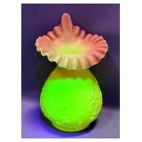 Uranium Glass Tulip Vase With Floral Motif, Ruffled Rim 
