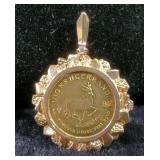 1982 South Africa 1/10 Gold Krugerrand Nugget Pendant With Clear Stone 