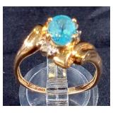 Ladies 10k Blue Topaz And Diamond Ring, Size 7 