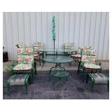 Outdoor Patio Set Complete With 6 Chairs With Floral Cushions, 3 Tables, Umbrella With Stand, 2 Foot