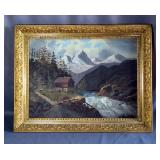 Framed Mountain Landscape Oil Painting 