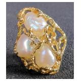 18K Gold Ring With Baroque Pearls And Accent Diamond, Size7 