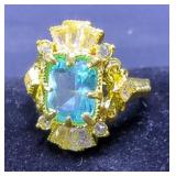 Ring with Emerald-Cut Aqua Stone On Sterling Silver Band, Size 11 