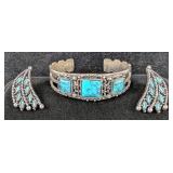 Turquoise Cuff Bracelet, 2.5" Wide, And Turquoise Clip Earrings Turquoise Cuff Bracelet, 2.5" Wide, And Turquoise Clip Earrings