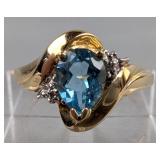 10K Yellow Gold, Diamond, And Blue Topaz Ring, Size 8  10K Yellow Gold, Diamond, And Blue Topaz Ring, Size 8