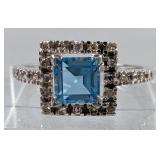 14K White Gold, Diamond, And Blue Topaz Ring, Size 7  14K White Gold, Diamond, And Blue Topaz Ring, Size 7