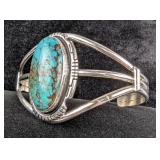 Sterling Silver And Boulder Turquoise Cabochon Cuff Bracelet, 925 Silver, Artist Signed "A Kee", 2.4 Sterling Silver And Boulder Turquoise Cabochon Cuff Bracelet, 925 Silver, Artist Signed "A Kee", 2.4