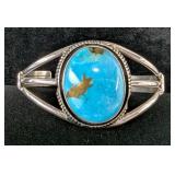 Sterling Silver and Kingman Turquoise Cabochon Cuff Bracelet, 925 Silver, Artist Signed "A Kee", 2.6 Sterling Silver and Kingman Turquoise Cabochon Cuff Bracelet, 925 Silver, Artist Signed "A Kee", 2.6