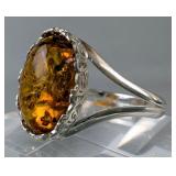 Sterling Silver And Baltic Amber Ring, 925 Silver, Size 9  Sterling Silver And Baltic Amber Ring, 925 Silver, Size 9
