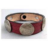 Engraved Leather Red Painted Domed Button Buffalo Nickel Bracelet, 5 Nickels, 8.5"  Engraved Leather Red Painted Domed Button Buffalo Nickel Bracelet, 5 Nickels, 8.5"
