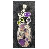 Sterling Silver, Amethyst Cabochon, And Peridot And Amethyst Gemstone Pendant In Floating Display Ca Sterling Silver, Amethyst Cabochon, And Peridot And Amethyst Gemstone Pendant In Floating Display Ca