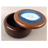 Round Wood Box With Polished Blue Brazilian Agate Lid, 1.75" Tall x 3.25" Wide, And Polished Agate M Round Wood Box With Polished Blue Brazilian Agate Lid, 1.75" Tall x 3.25" Wide, And Polished Agate M