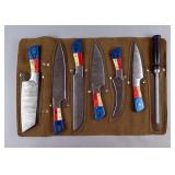 Handmade Damascus Steel Kitchen Knife Set, 6 Knives With Red And Blue Wood And Bone Handles With Lea Handmade Damascus Steel Kitchen Knife Set, 6 Knives With Red And Blue Wood And Bone Handles With Lea