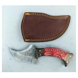 Damascus Steel Fixed Blade Upward Curved Knife With Red And Brown Twisted Wood Handle, Includes Leat Damascus Steel Fixed Blade Upward Curved Knife With Red And Brown Twisted Wood Handle, Includes Leat