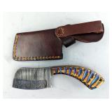 Damascus Steel Fixed Blade Cleaver With Colored Wood Handle, Includes Leather Sheath, 6.5" Damascus Steel Fixed Blade Cleaver With Colored Wood Handle, Includes Leather Sheath, 6.5"