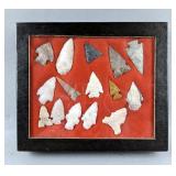 Native American Indian Bird Point Arrowheads, Qty. 15, In Glass Display Box, 6.25" x 5.25"  Native American Indian Bird Point Arrowheads, Qty. 15, In Glass Display Box, 6.25" x 5.25"