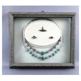 Native American Indian Silver And Turquoise Necklace, And Rings, Qty. 3, Framed Under Glass, 12.125" Native American Indian Silver And Turquoise Necklace, And Rings, Qty. 3, Framed Under Glass, 12.125"