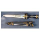 Dagger With Golden Blade Design In Metal Scabbard, 8" Blade