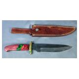 Fixed Blade Knife, Brass Guard, With Red And Green Wood Handle, 8" Blade, In Embossed Leather Sheath
